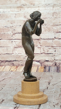Bronze Woman Drinking from Bowl on Marble Base by Milo