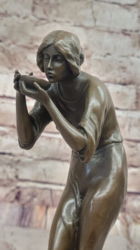 Bronze Woman Drinking from Bowl on Marble Base by Milo