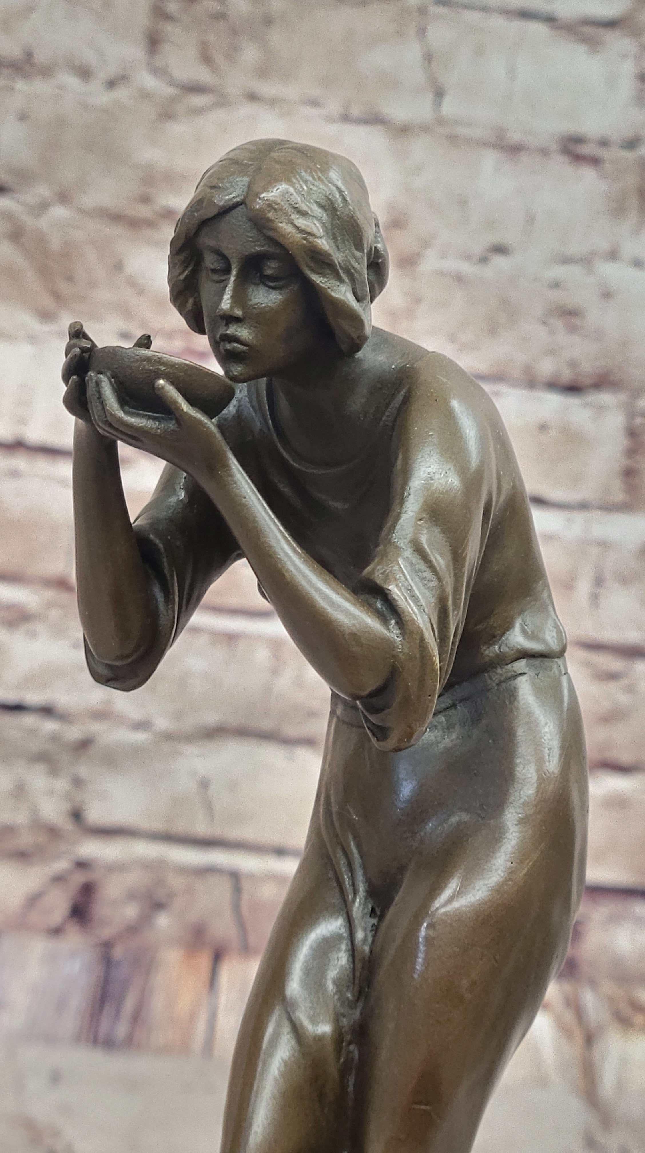 Bronze Woman Drinking from Bowl on Marble Base by Milo