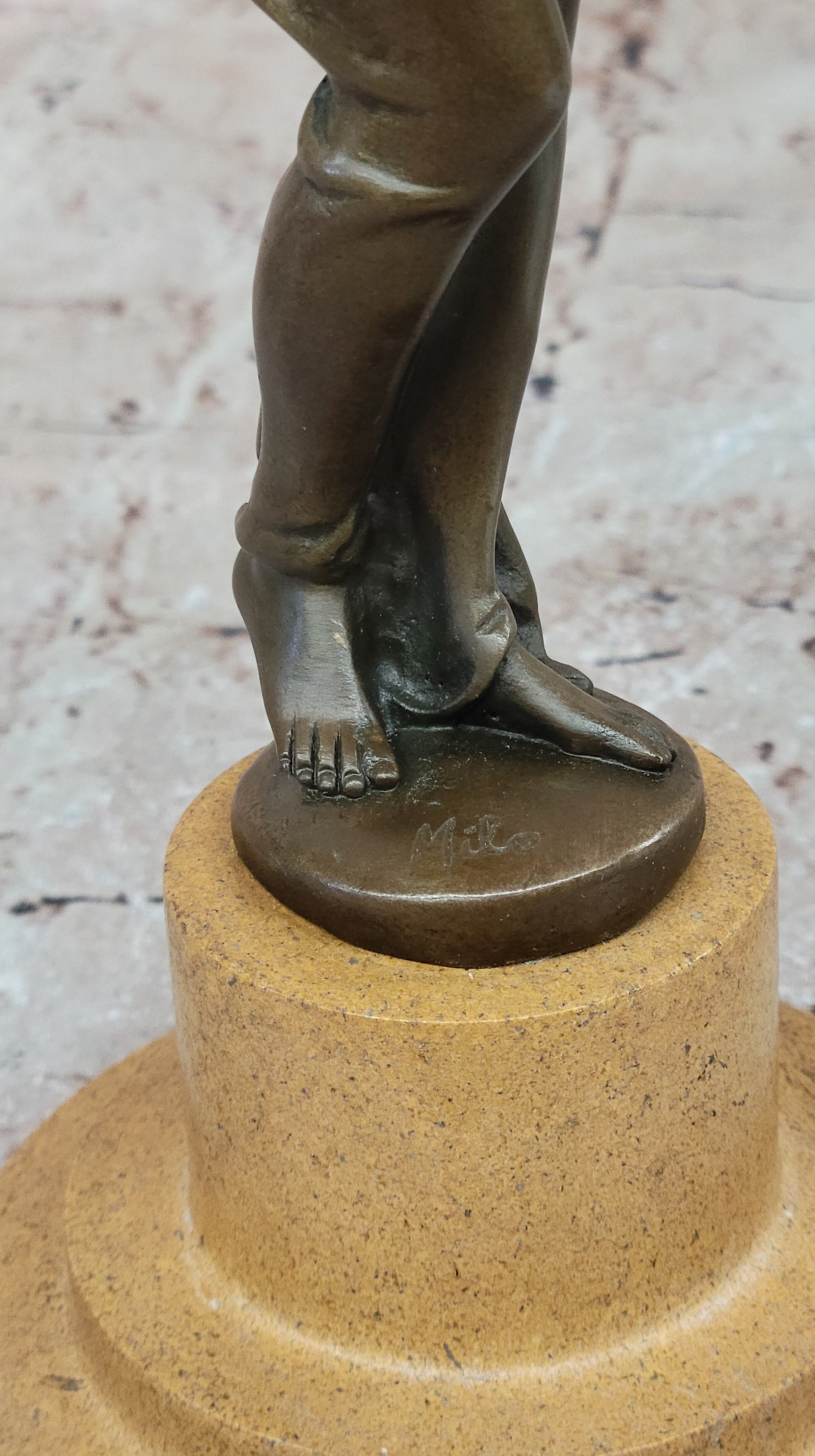 Bronze Woman Drinking from Bowl on Marble Base by Milo