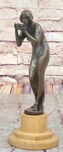 Bronze Woman Drinking from Bowl on Marble Base by Milo
