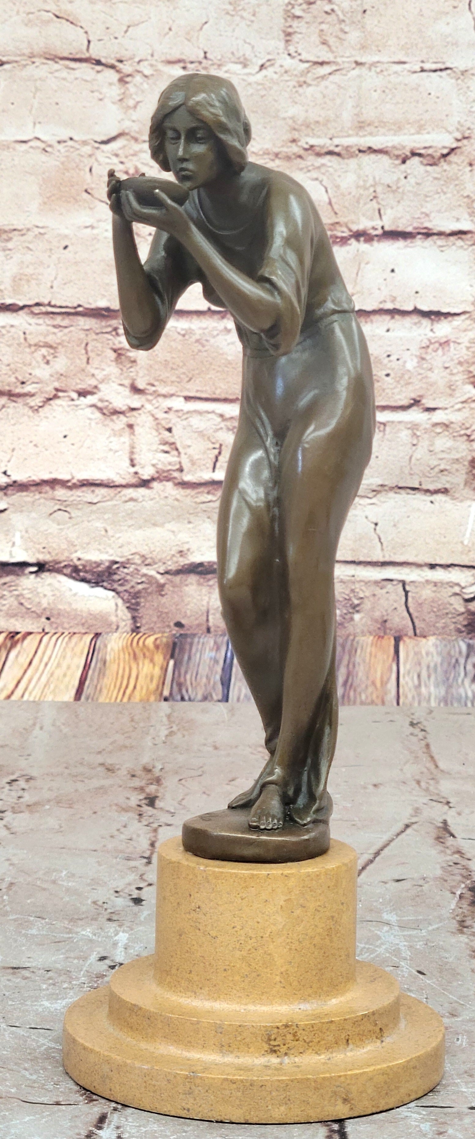 Bronze Woman Drinking from Bowl on Marble Base by Milo