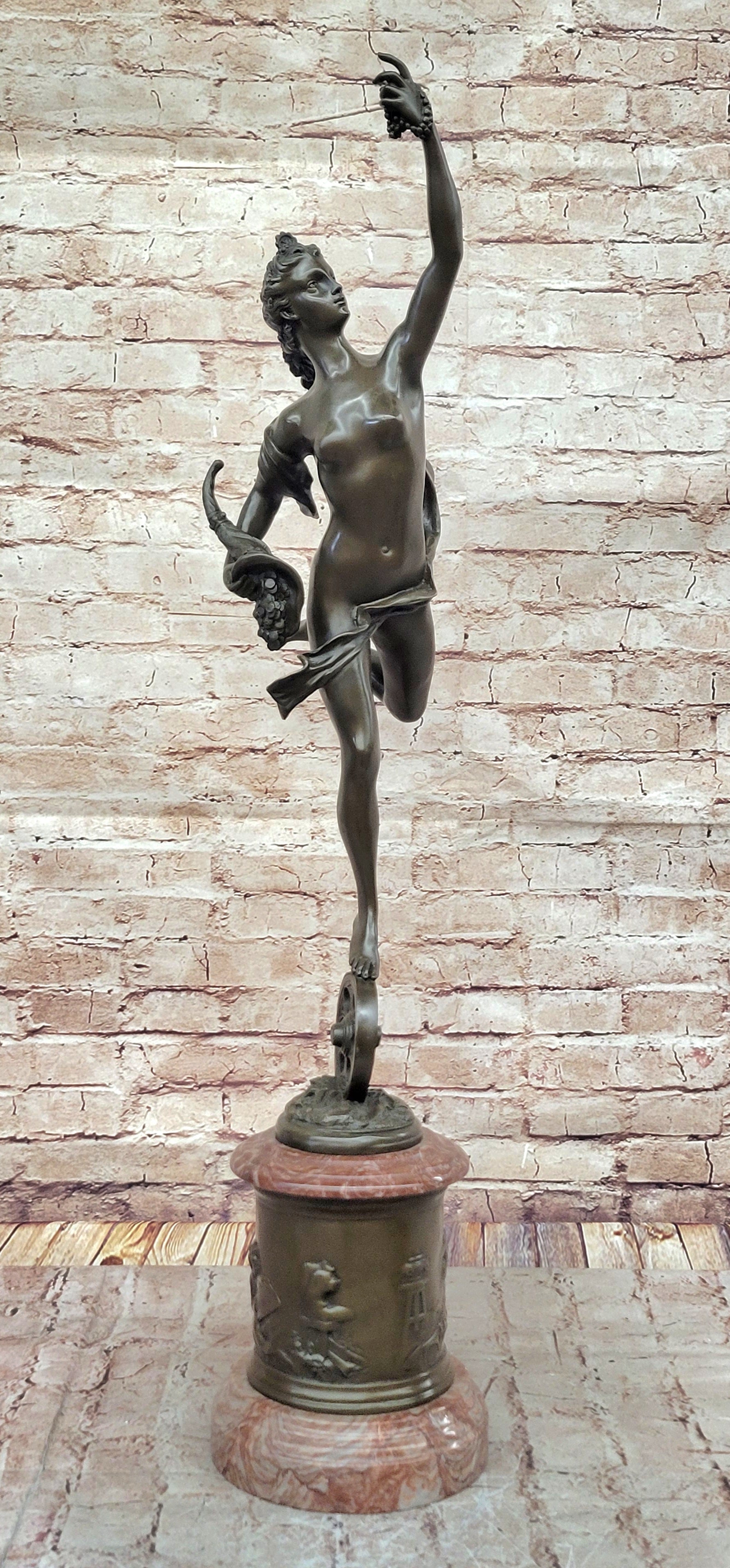 Bronze Bacchante with Grapes and Cornucopia on Marble Base