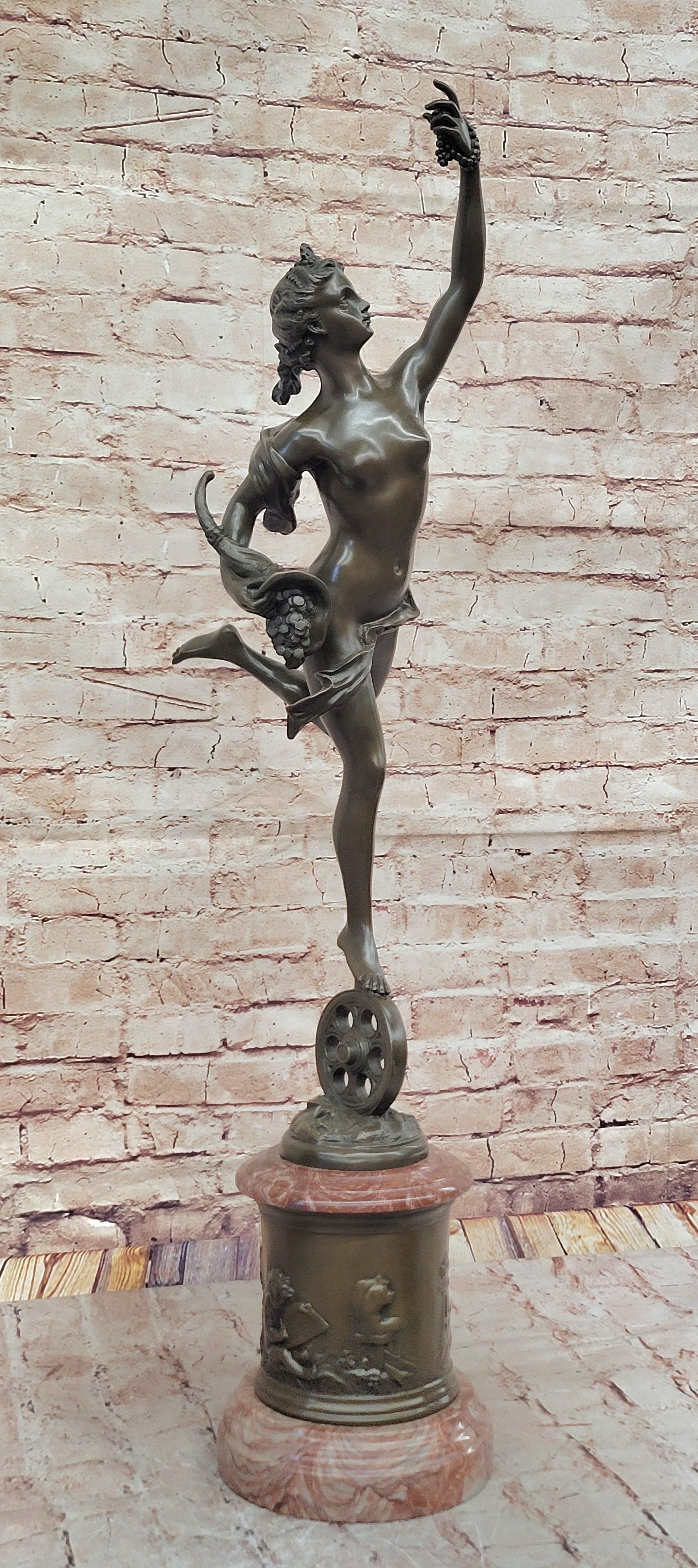Bronze Bacchante with Grapes and Cornucopia on Marble Base