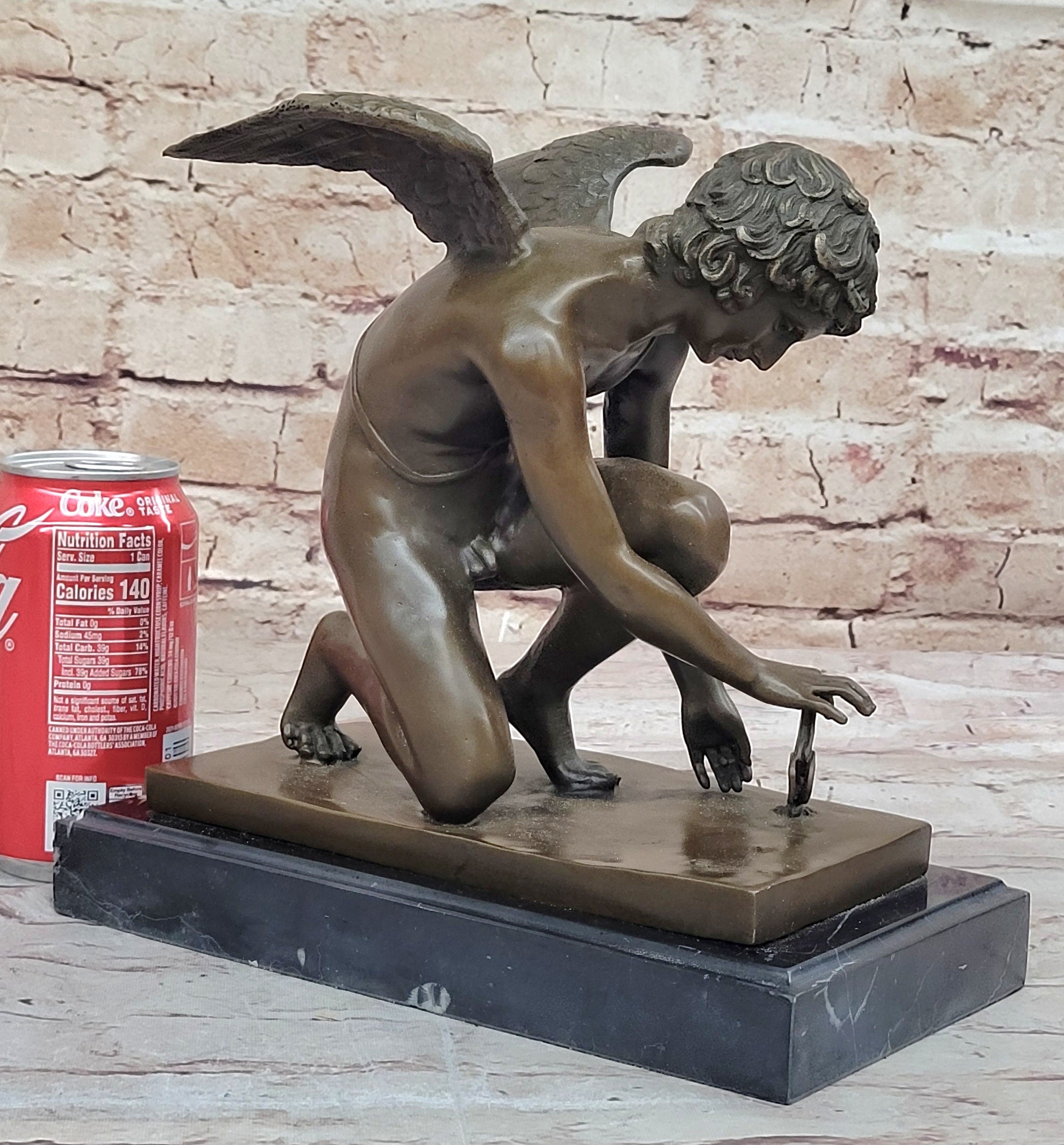 Winged Angel Cherub Boy w/ Butterfly Bronze 9" x 8.5"