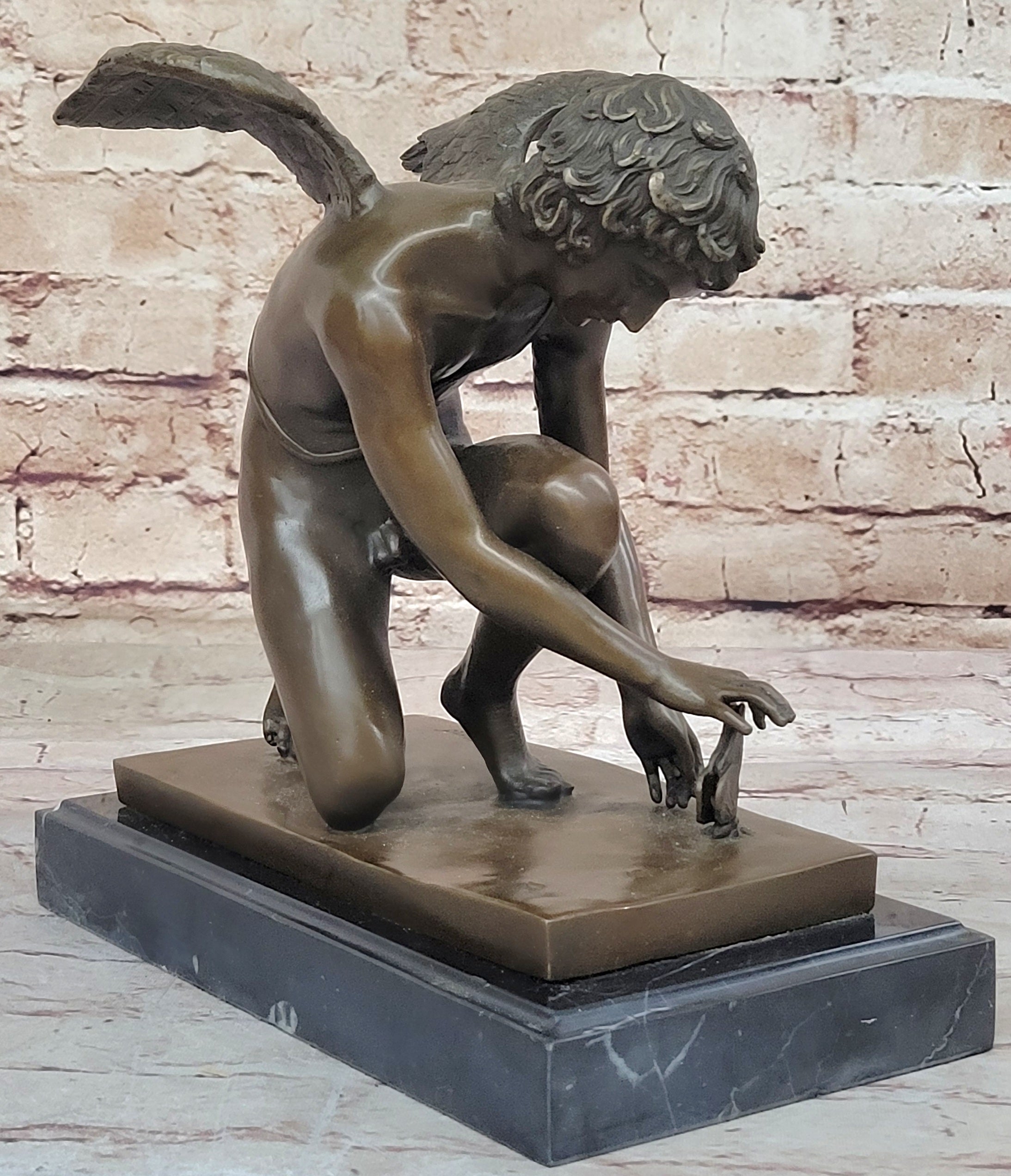 Winged Angel Cherub Boy w/ Butterfly Bronze 9" x 8.5"