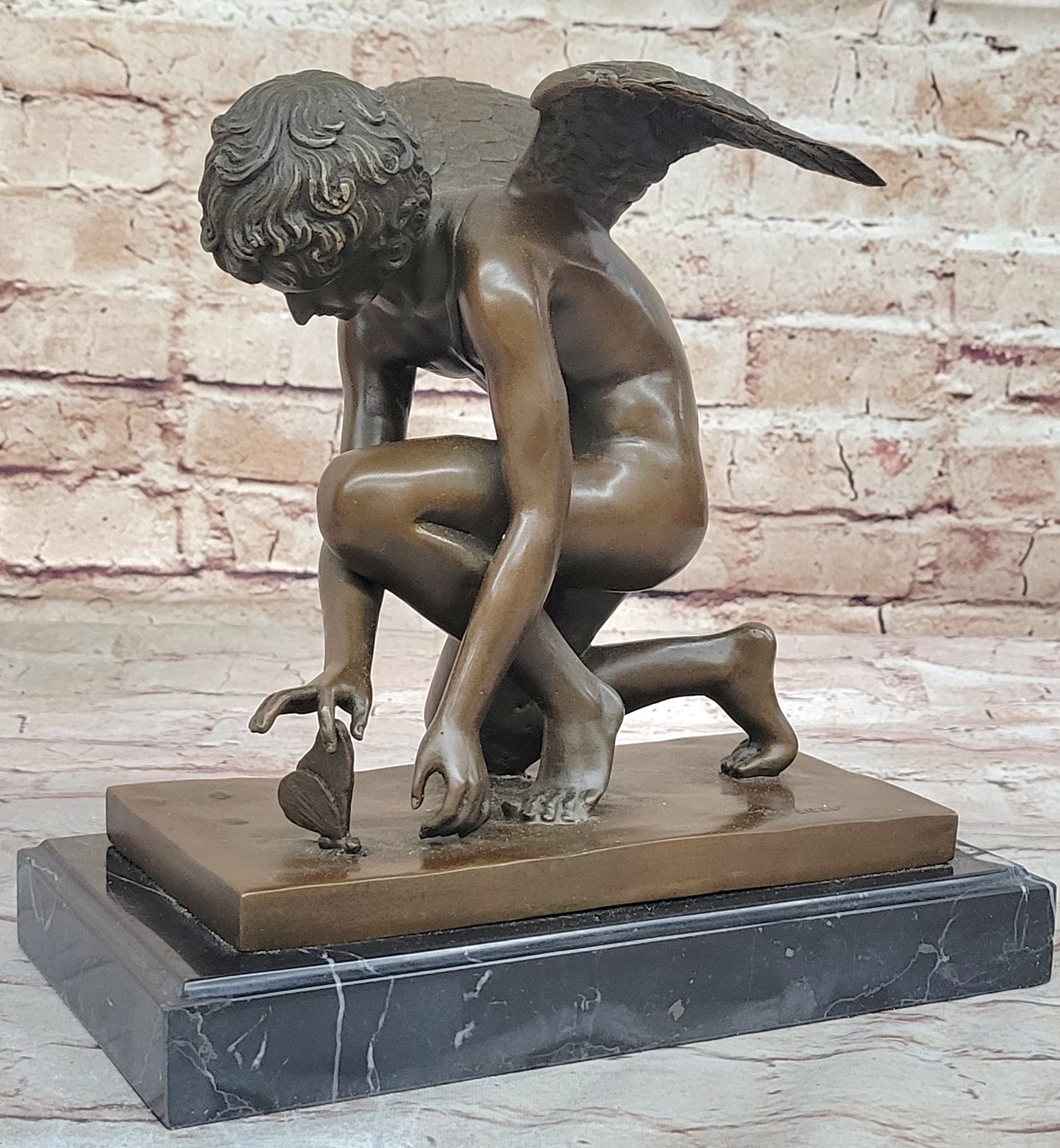 Winged Angel Cherub Boy w/ Butterfly Bronze 9" x 8.5"