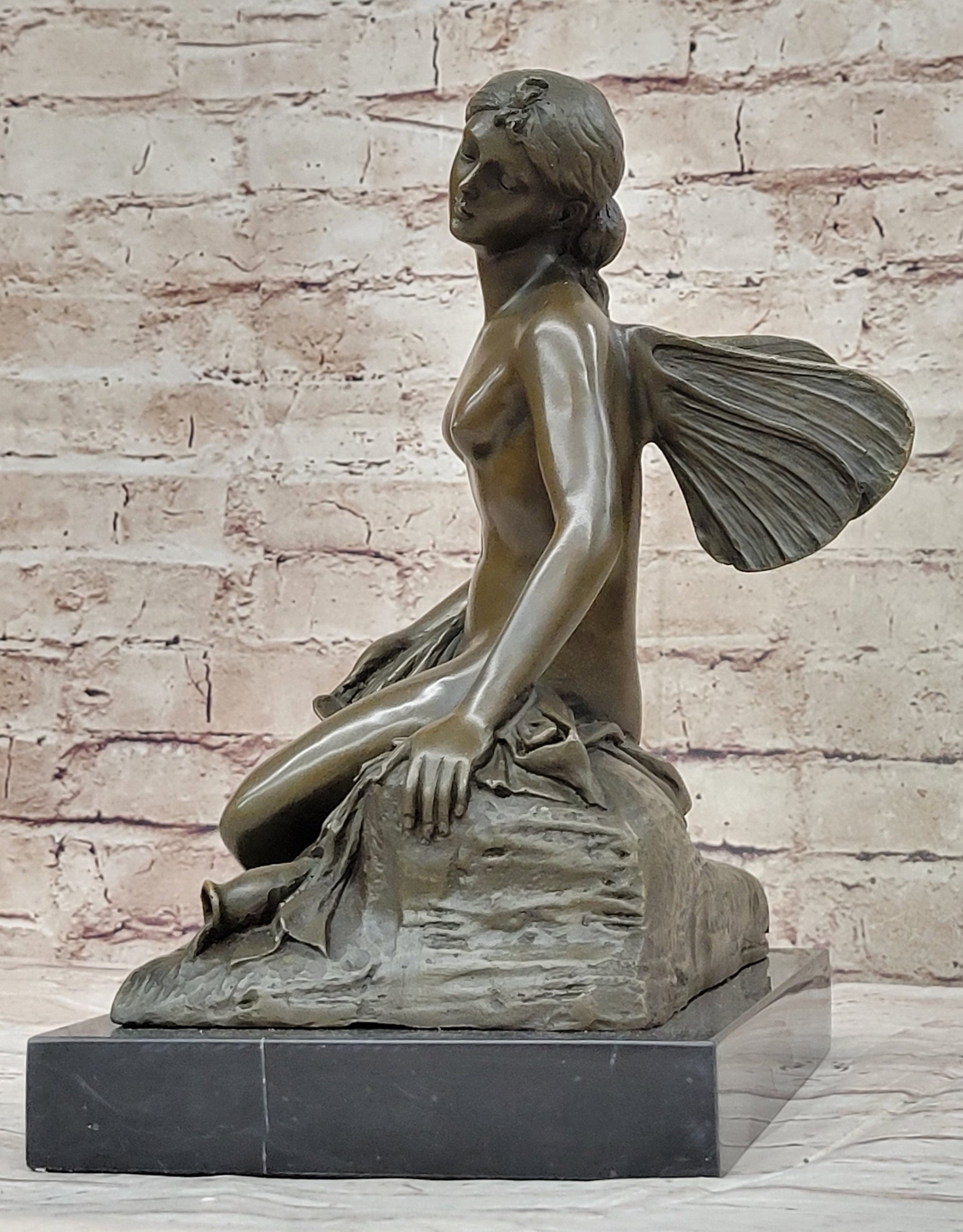 Signed Fairy Nude Goddess Bronze Marble Sculpture by M.Nick