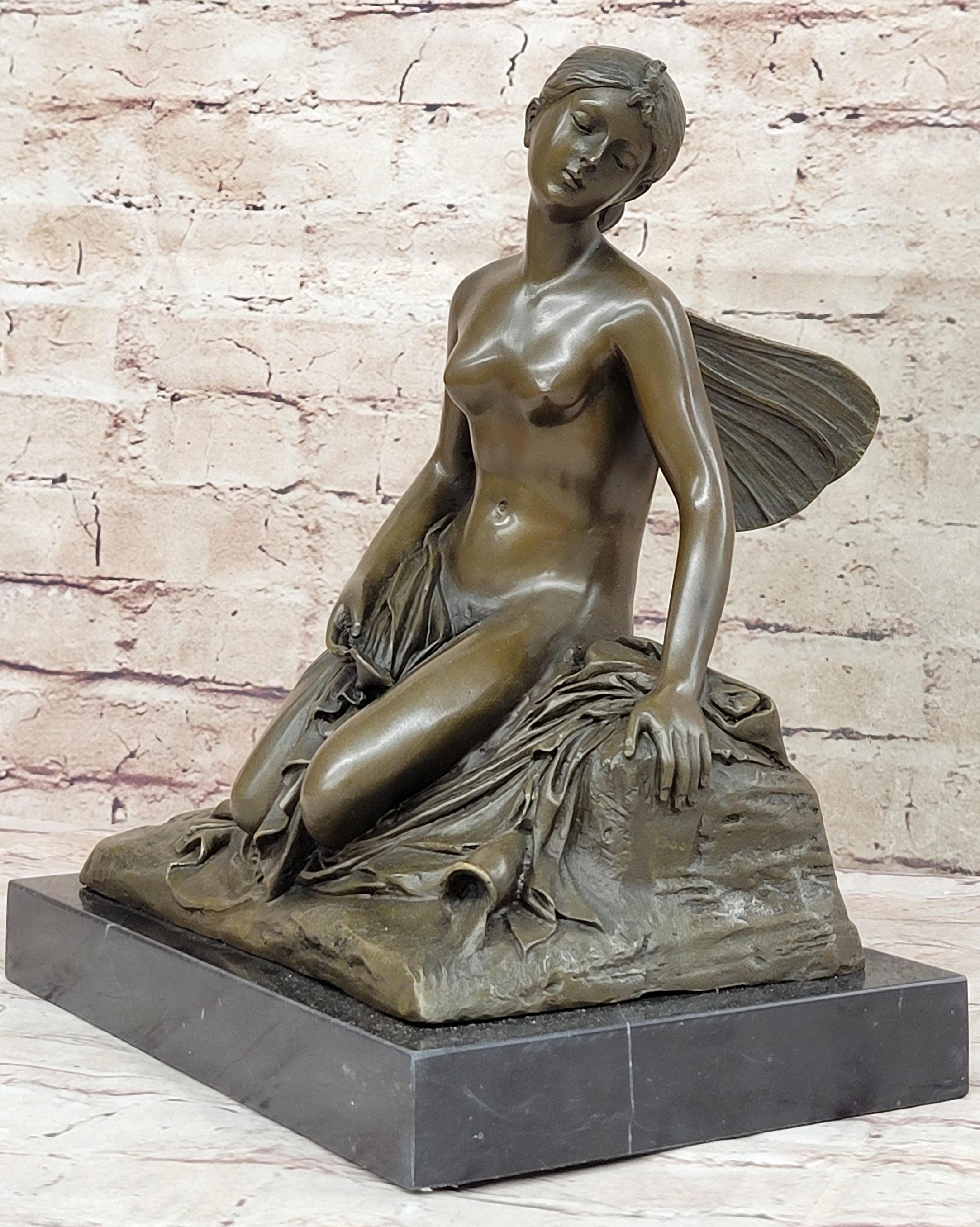 Signed Fairy Nude Goddess Bronze Marble Sculpture by M.Nick