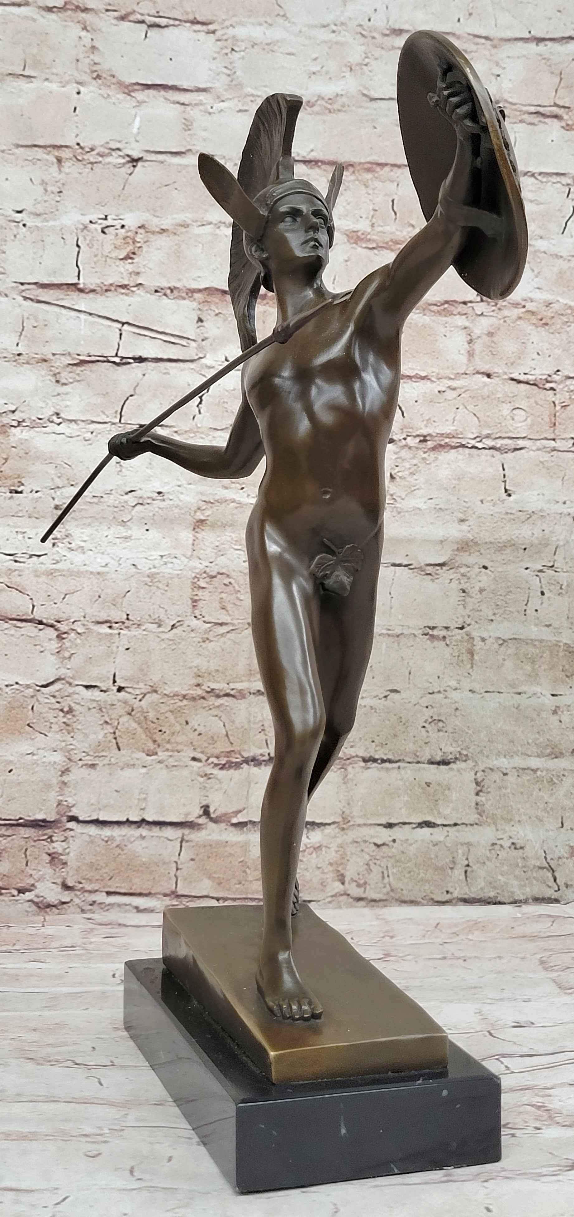 Greek Warrior w/ Spear and Shield Bronze Sculpture 16" x 11"