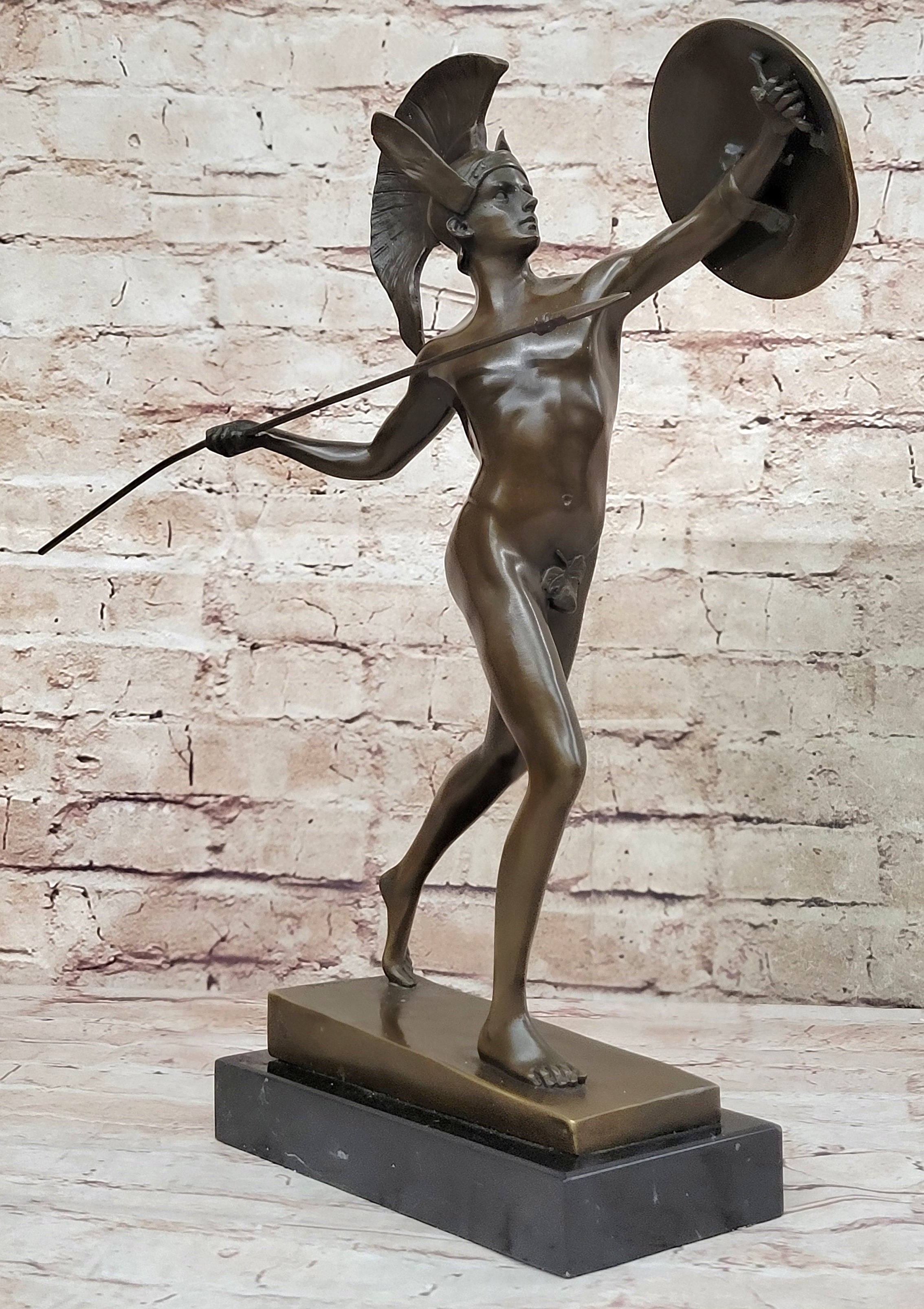 Greek Warrior w/ Spear and Shield Bronze Sculpture 16" x 11"