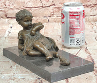 Signed Hand Made Original Juno Girl Sitting to a Frog Bronze Sculpture Statue