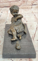 Signed Hand Made Original Juno Girl Sitting to a Frog Bronze Sculpture Statue