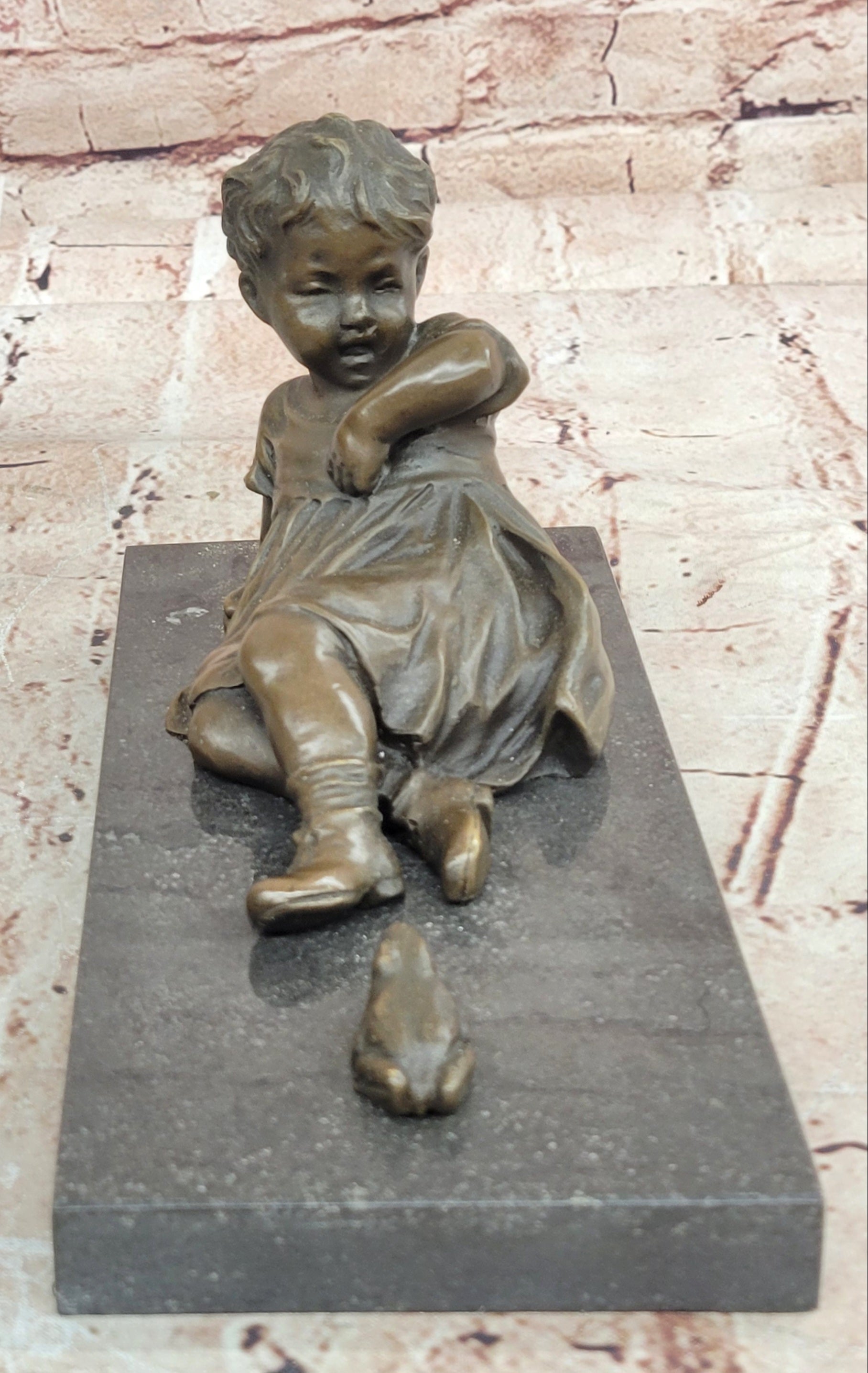 Signed Hand Made Original Juno Girl Sitting to a Frog Bronze Sculpture Statue