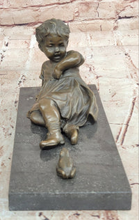 Signed Hand Made Original Juno Girl Sitting to a Frog Bronze Sculpture Statue
