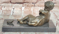 Signed Hand Made Original Juno Girl Sitting to a Frog Bronze Sculpture Statue