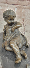 Signed Hand Made Original Juno Girl Sitting to a Frog Bronze Sculpture Statue
