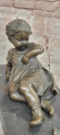 Signed Hand Made Original Juno Girl Sitting to a Frog Bronze Sculpture Statue