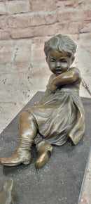 Signed Hand Made Original Juno Girl Sitting to a Frog Bronze Sculpture Statue
