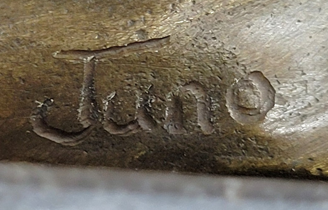 Signed Hand Made Original Juno Girl Sitting to a Frog Bronze Sculpture Statue