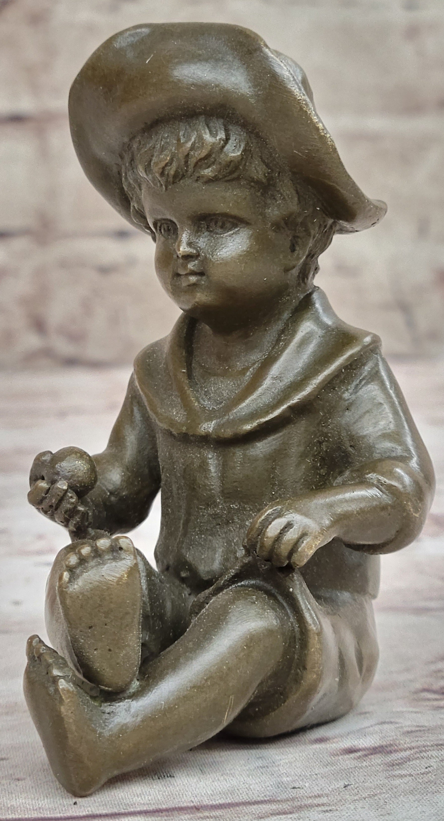 Hat Boy Bronze Sculpture Kid Figurine Artwork