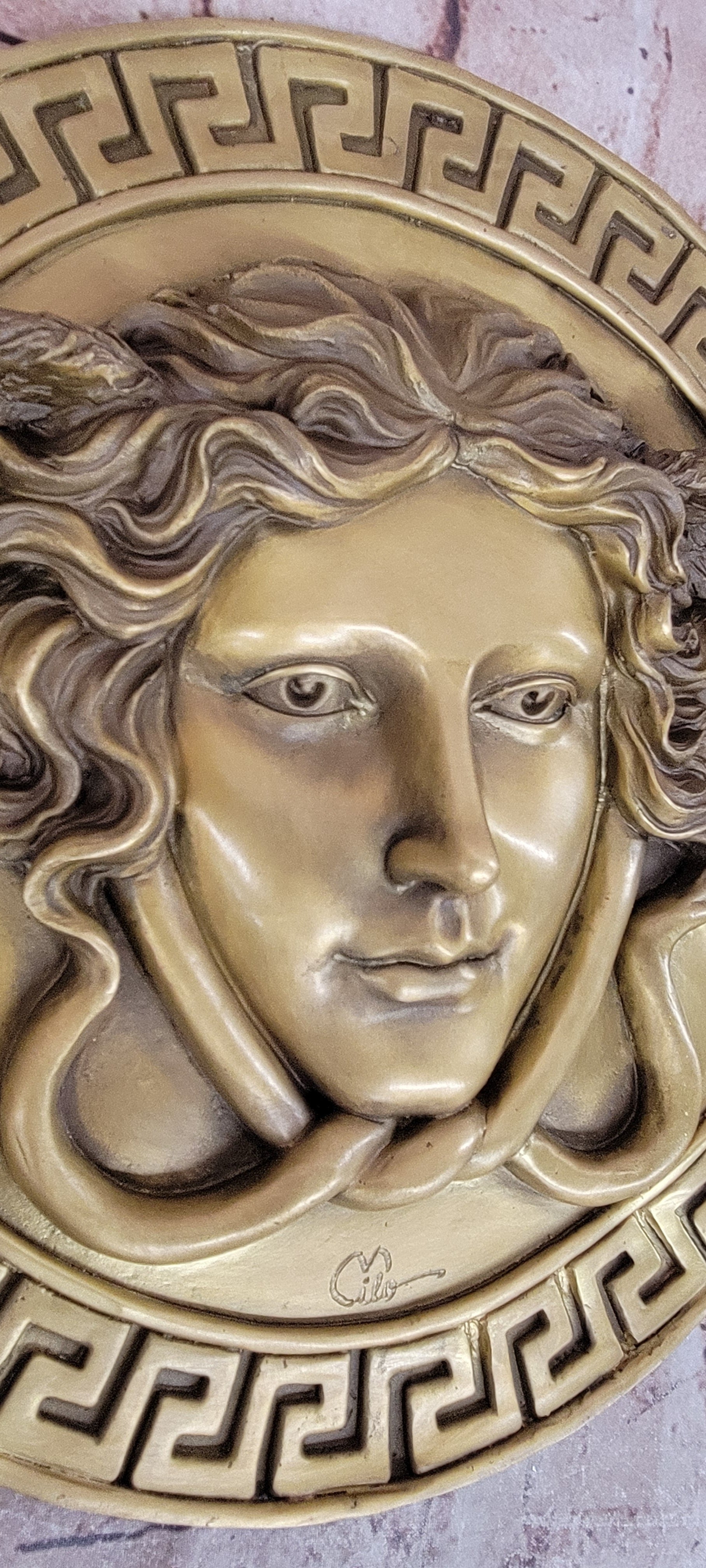 Signed Original Bas Relief Medusa Wall Mount Bronze Sculpture Figurine Statue