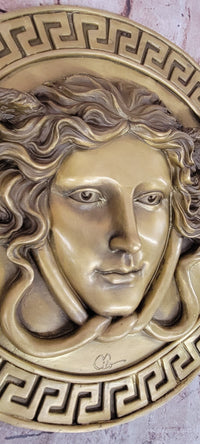 Signed Original Bas Relief Medusa Wall Mount Bronze Sculpture Figurine Statue
