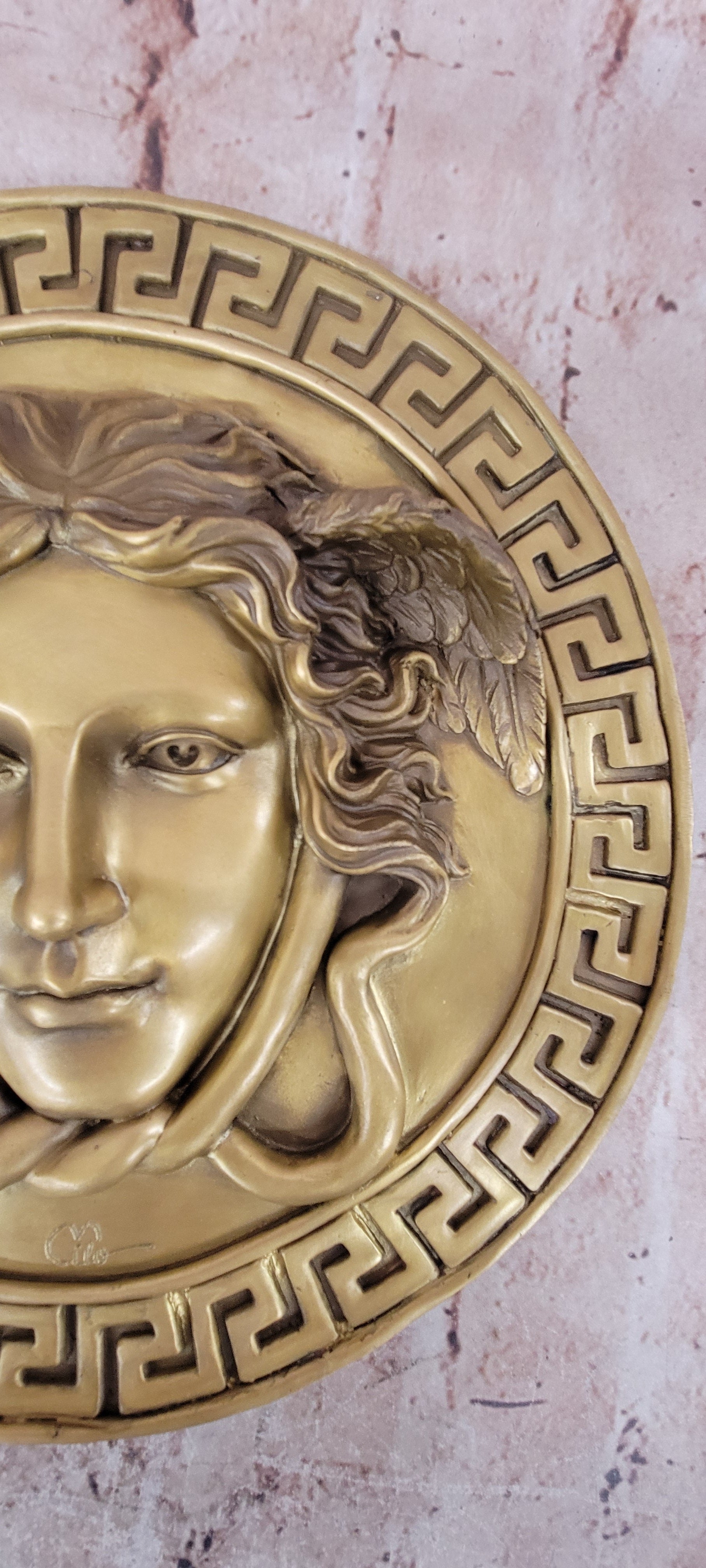 Signed Original Bas Relief Medusa Wall Mount Bronze Sculpture Figurine Statue