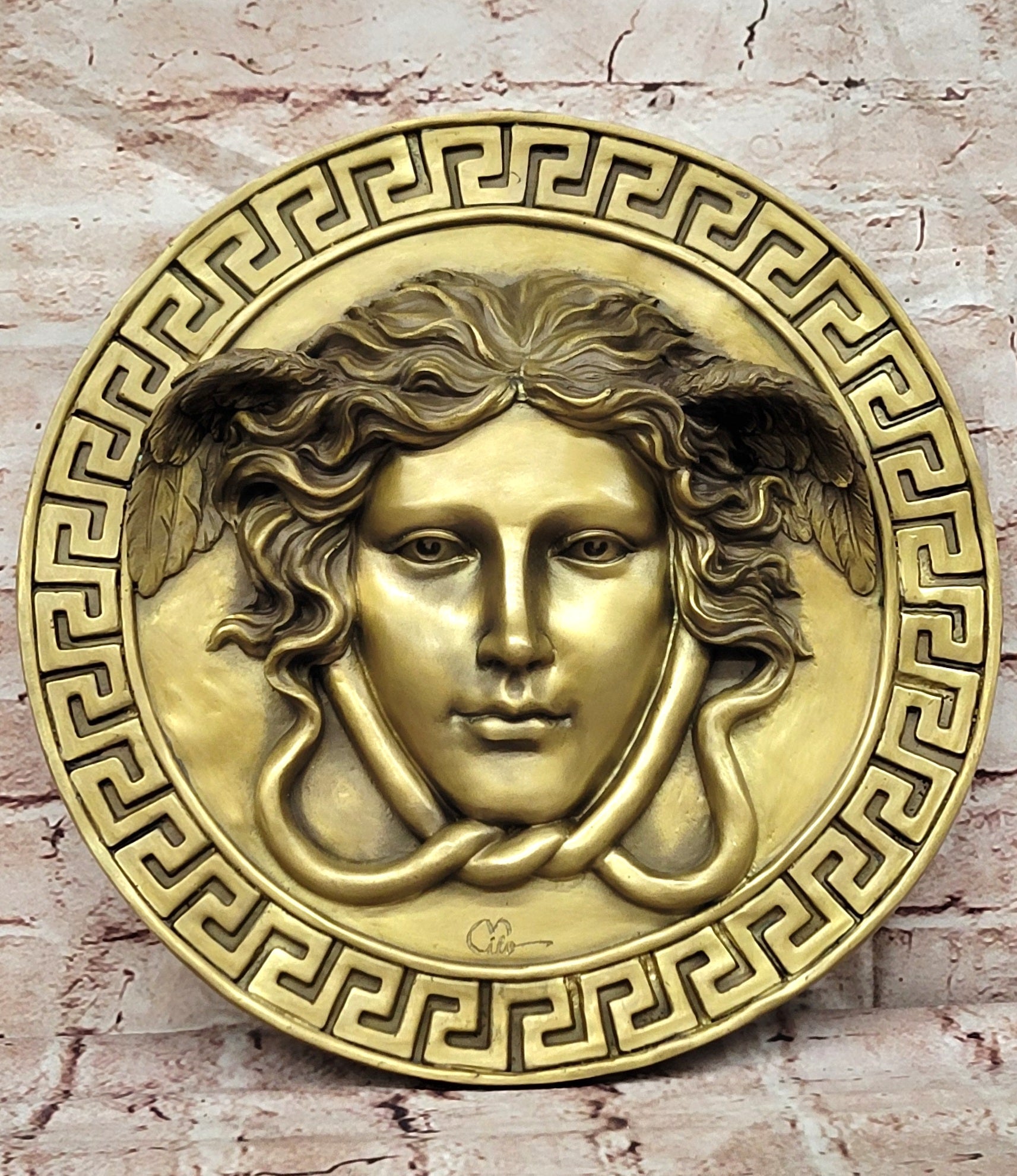 Signed Original Bas Relief Medusa Wall Mount Bronze Sculpture Figurine Statue
