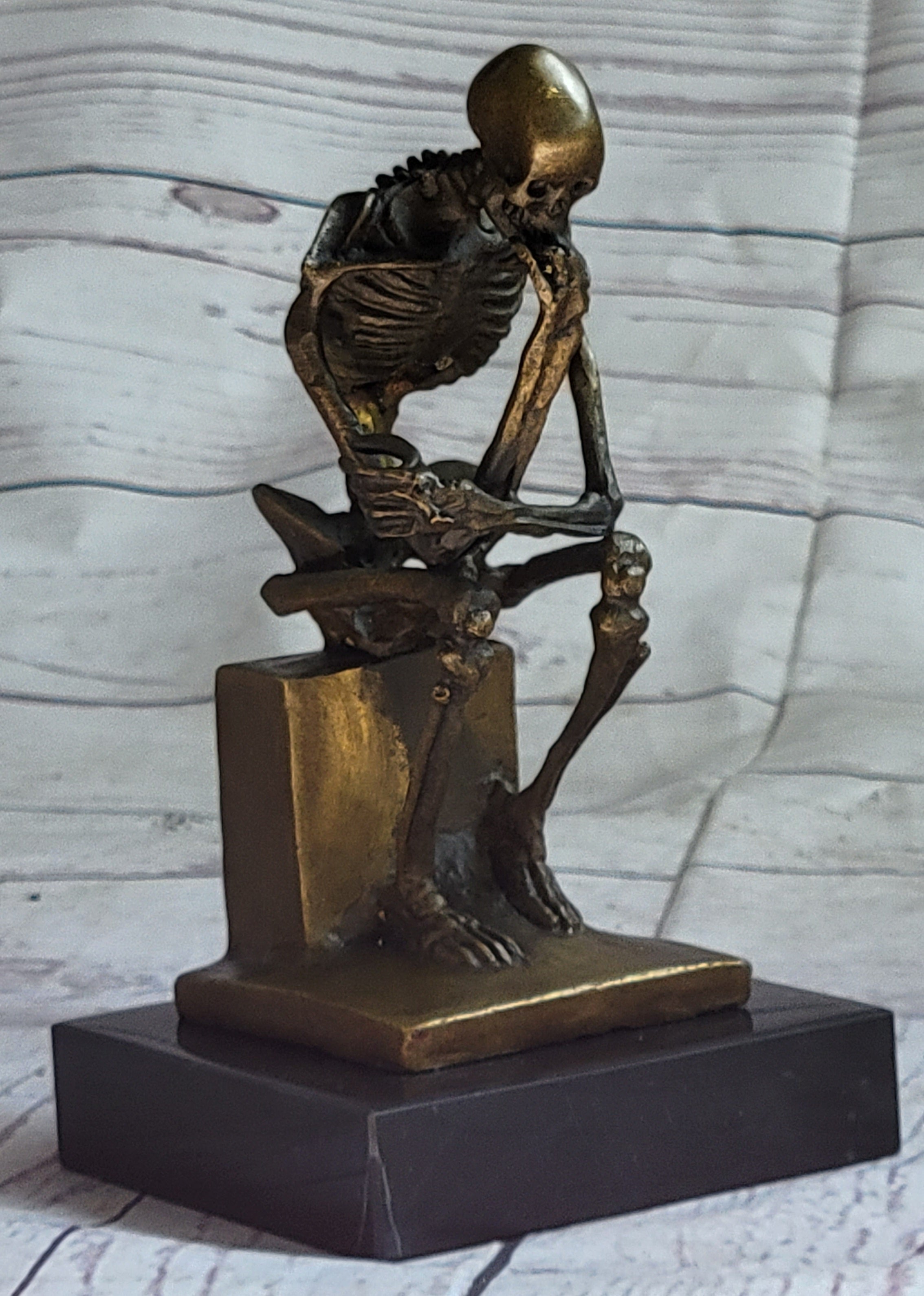 MODERN ART SOLID BRONZE ''SKELETON THINKER'' SIGNED MILO HOT CAST MARBLE FIGURINE