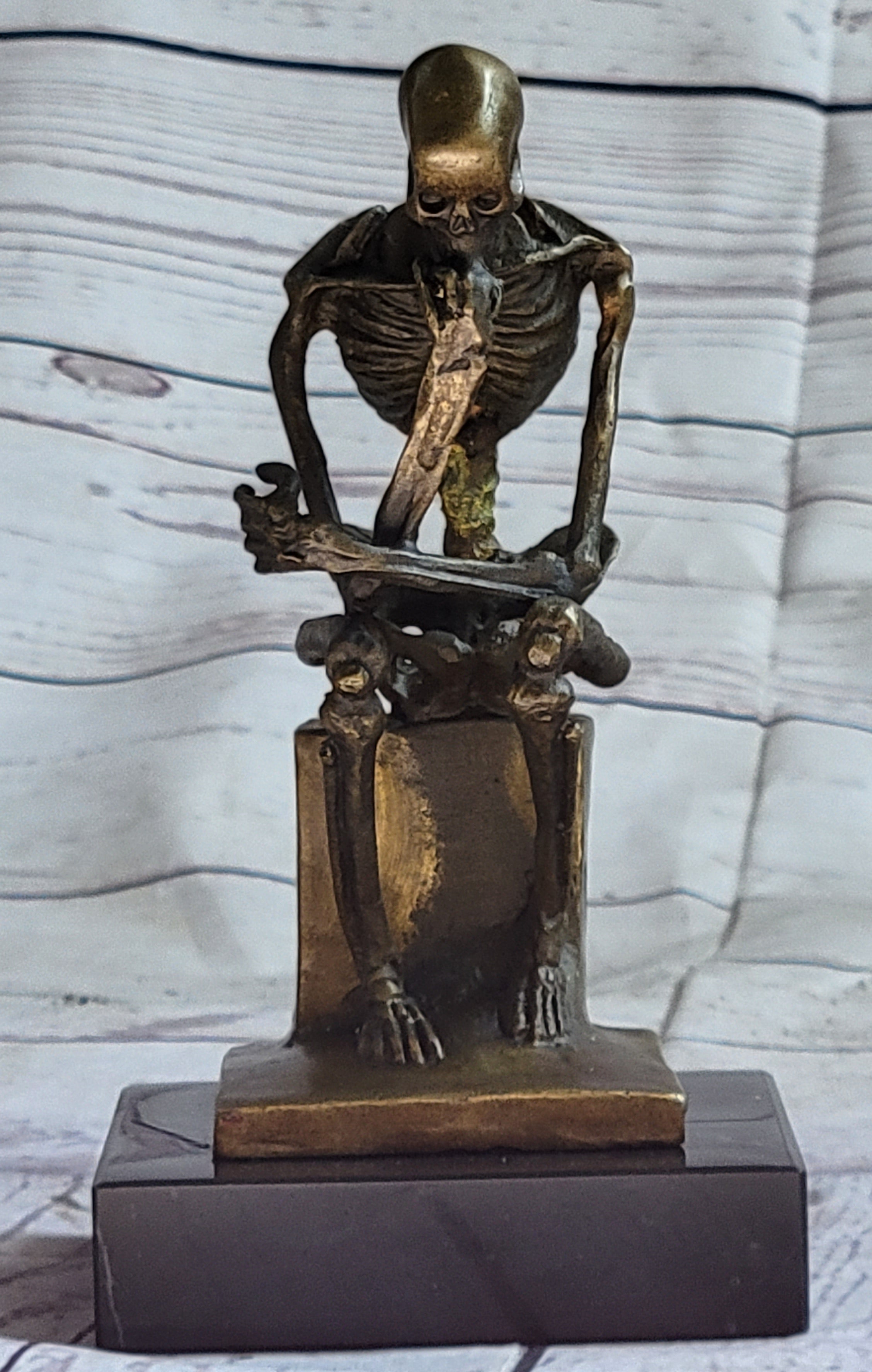 MODERN ART SOLID BRONZE ''SKELETON THINKER'' SIGNED MILO HOT CAST MARBLE FIGURINE