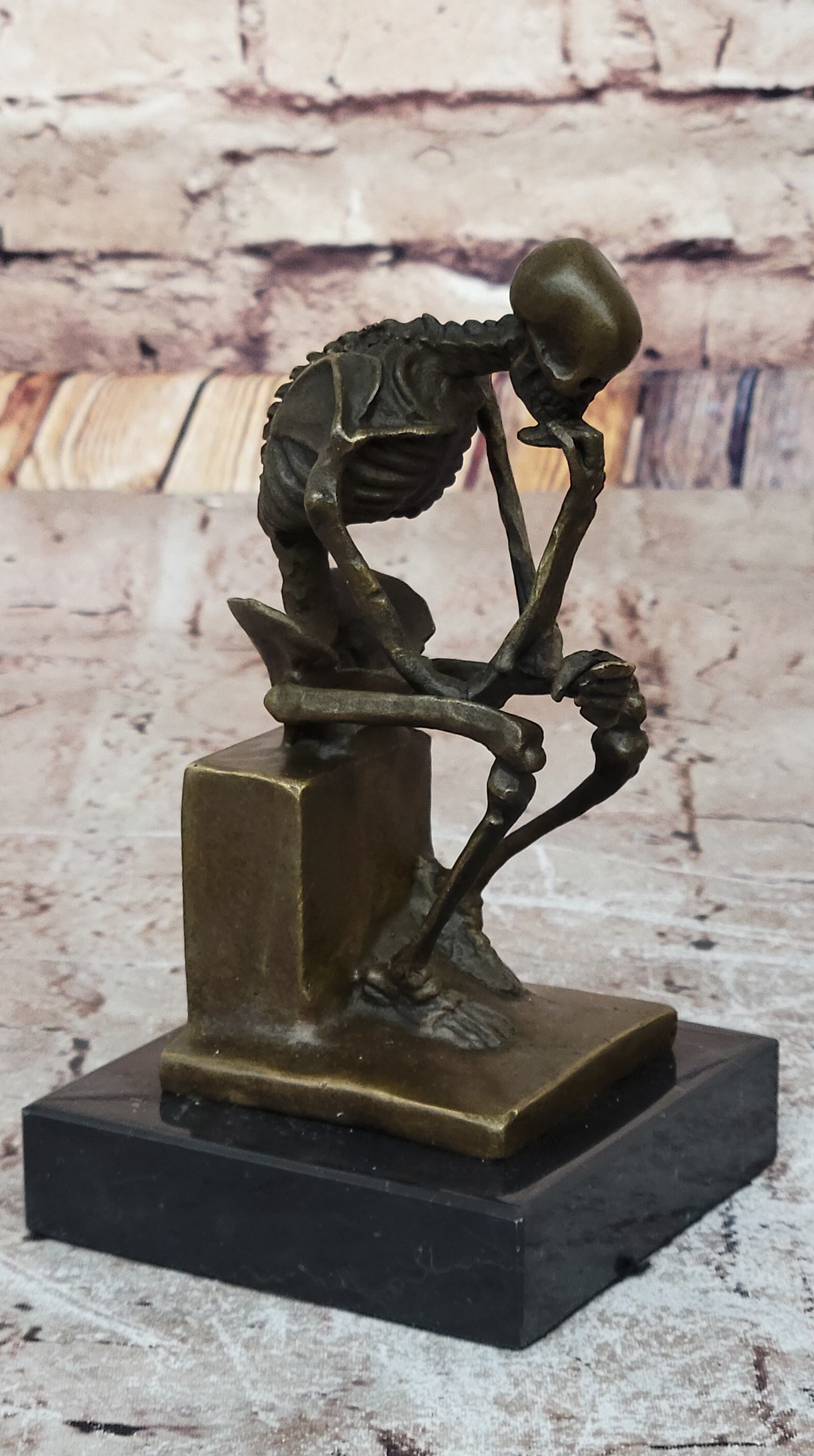 Skeleton Thinker Memento Mori Bronze Sculpture 6" x 4"