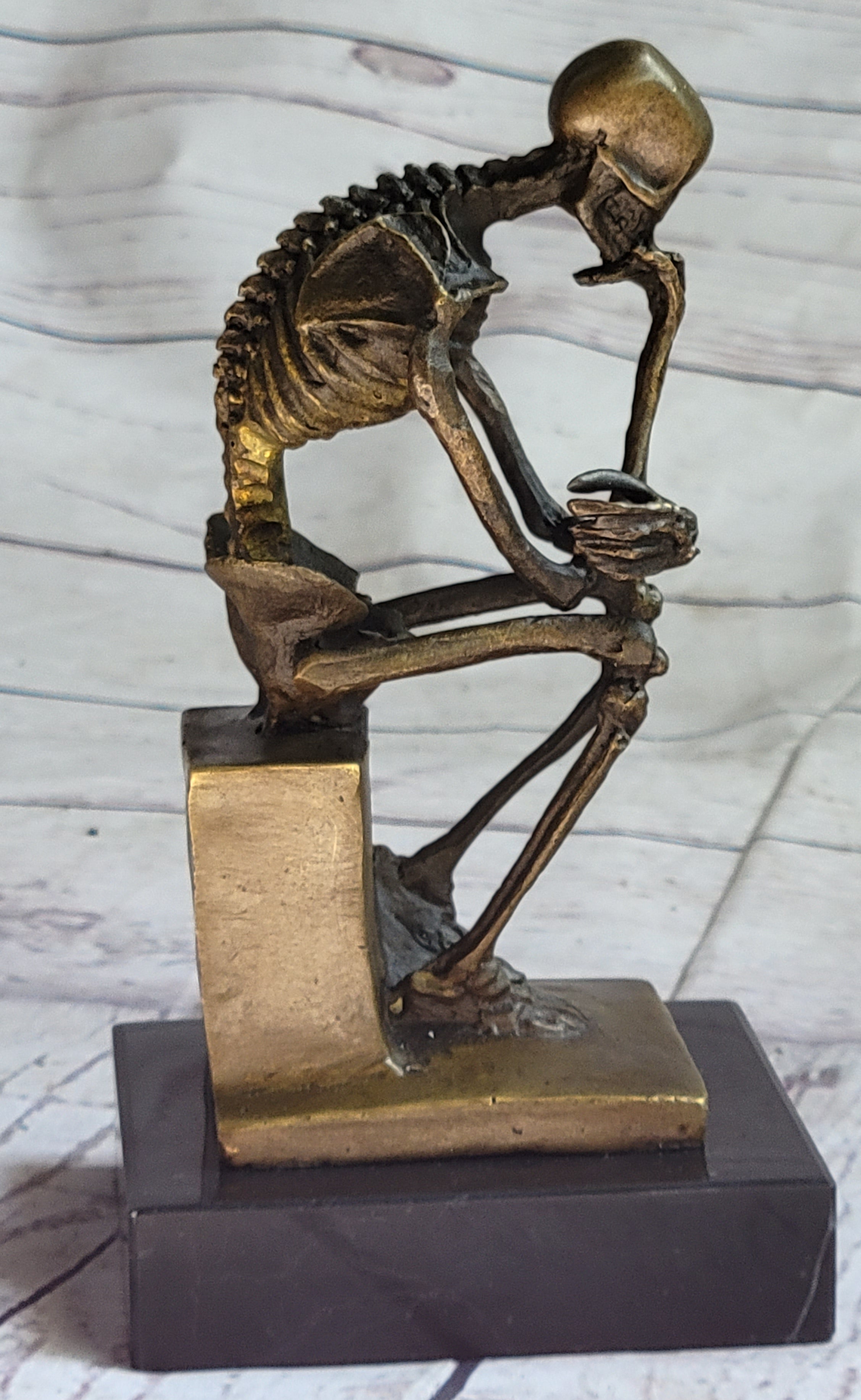 MODERN ART SOLID BRONZE ''SKELETON THINKER'' SIGNED MILO HOT CAST MARBLE FIGURINE