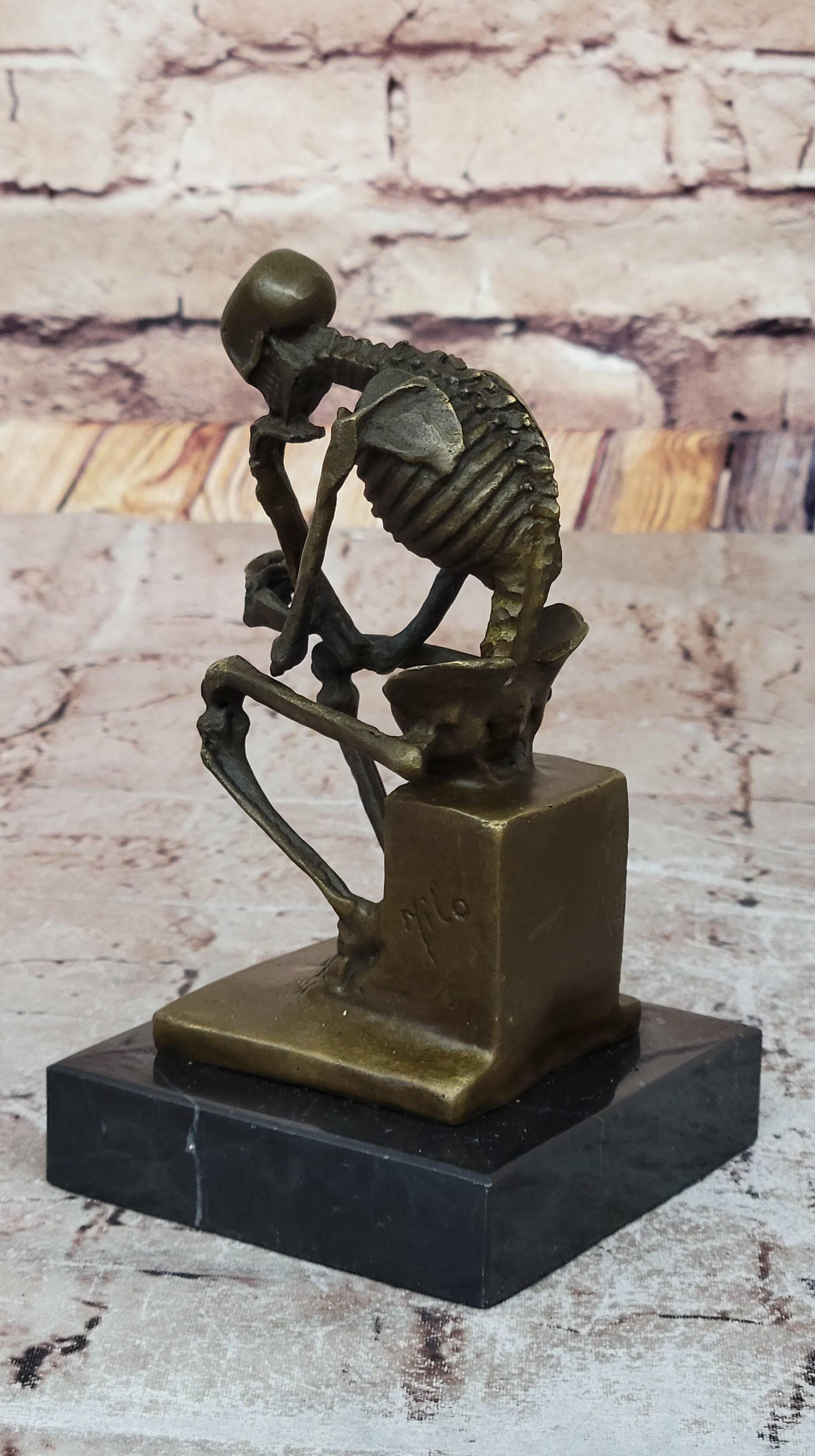 Skeleton Thinker Memento Mori Bronze Sculpture 6" x 4"