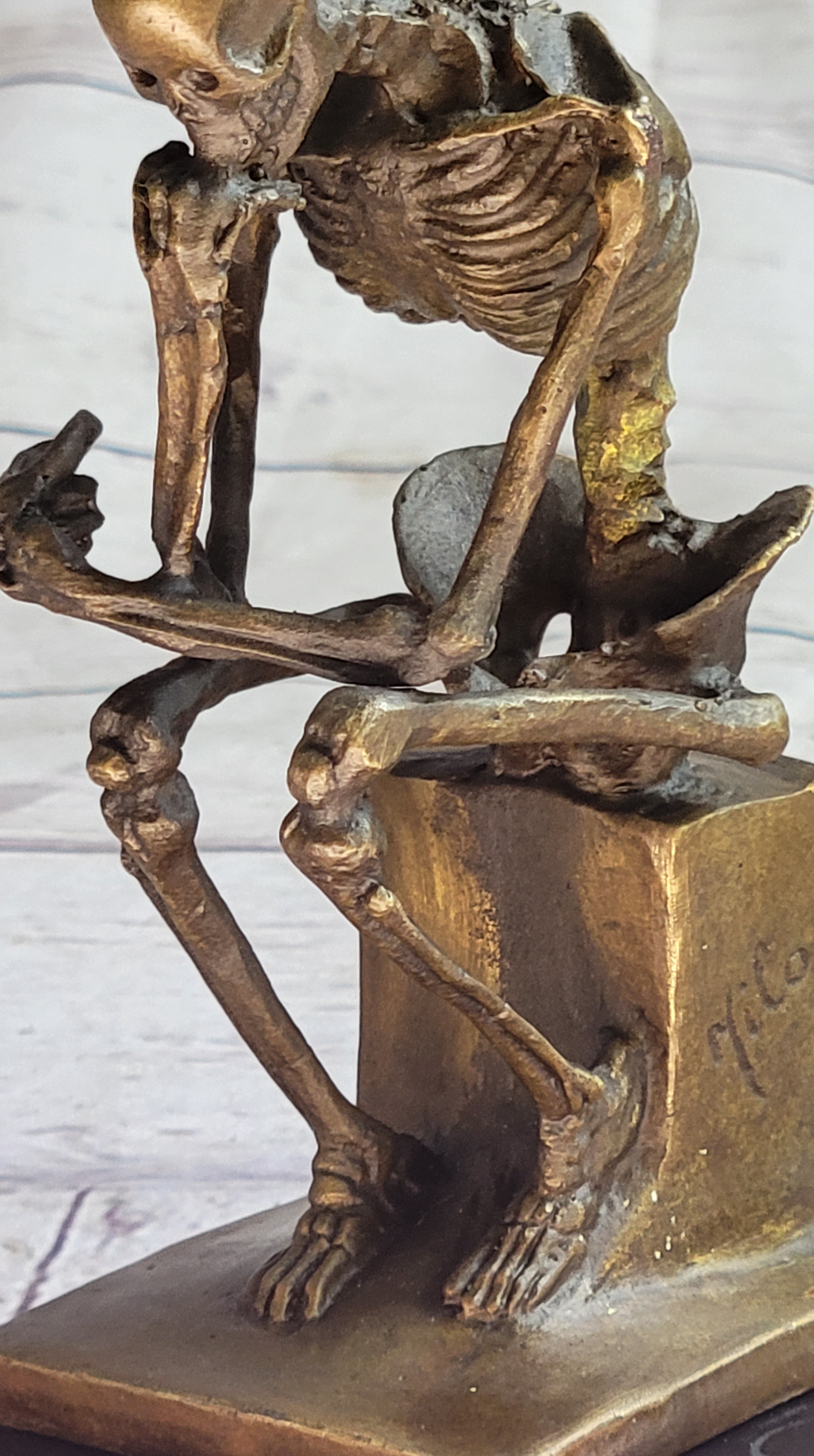 MODERN ART SOLID BRONZE ''SKELETON THINKER'' SIGNED MILO HOT CAST MARBLE FIGURINE
