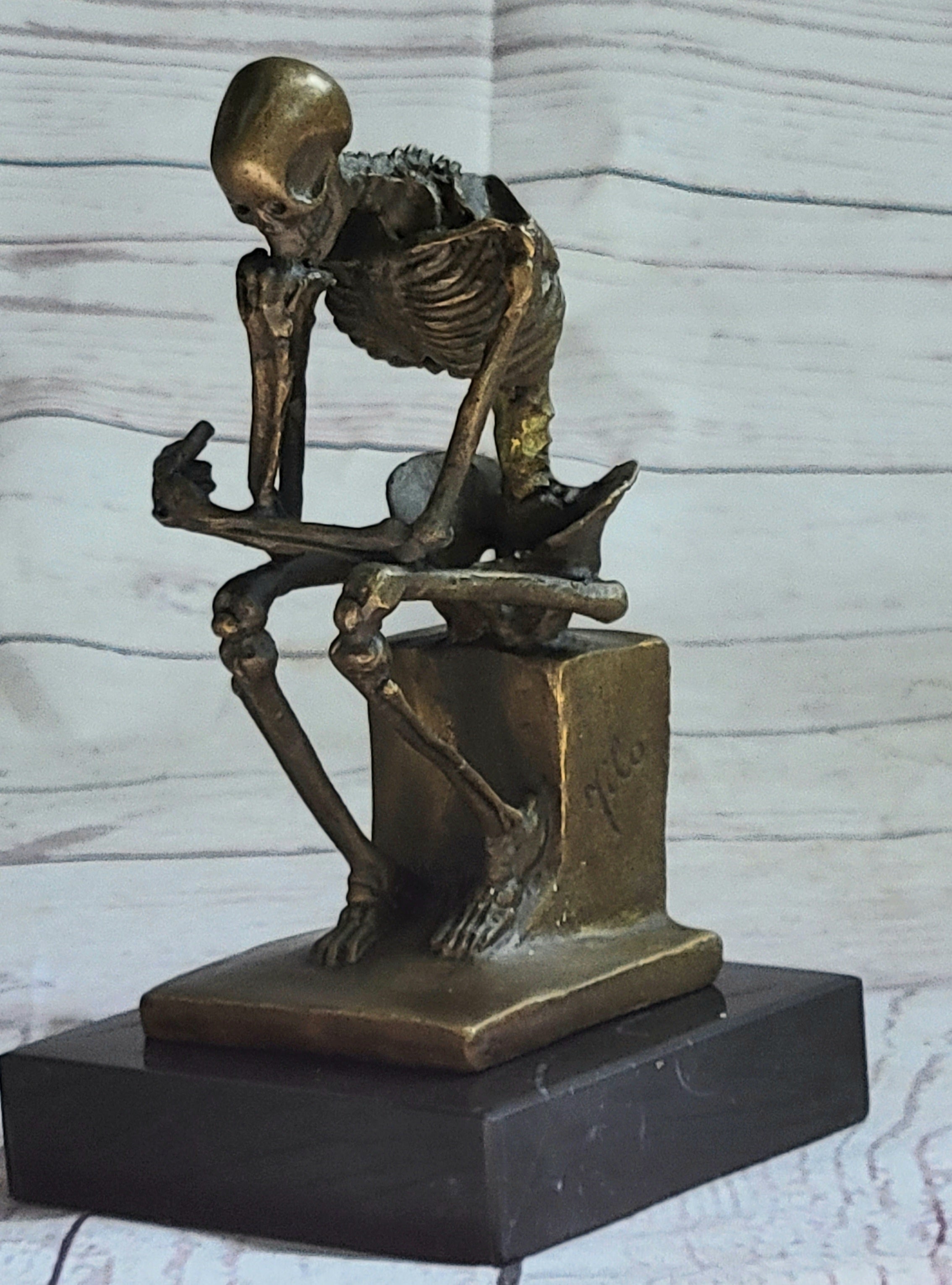 MODERN ART SOLID BRONZE ''SKELETON THINKER'' SIGNED MILO HOT CAST MARBLE FIGURINE