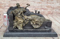 Romantic Two Reclining Girls Genuine Signed Bronze Sculpture Figurine Statue