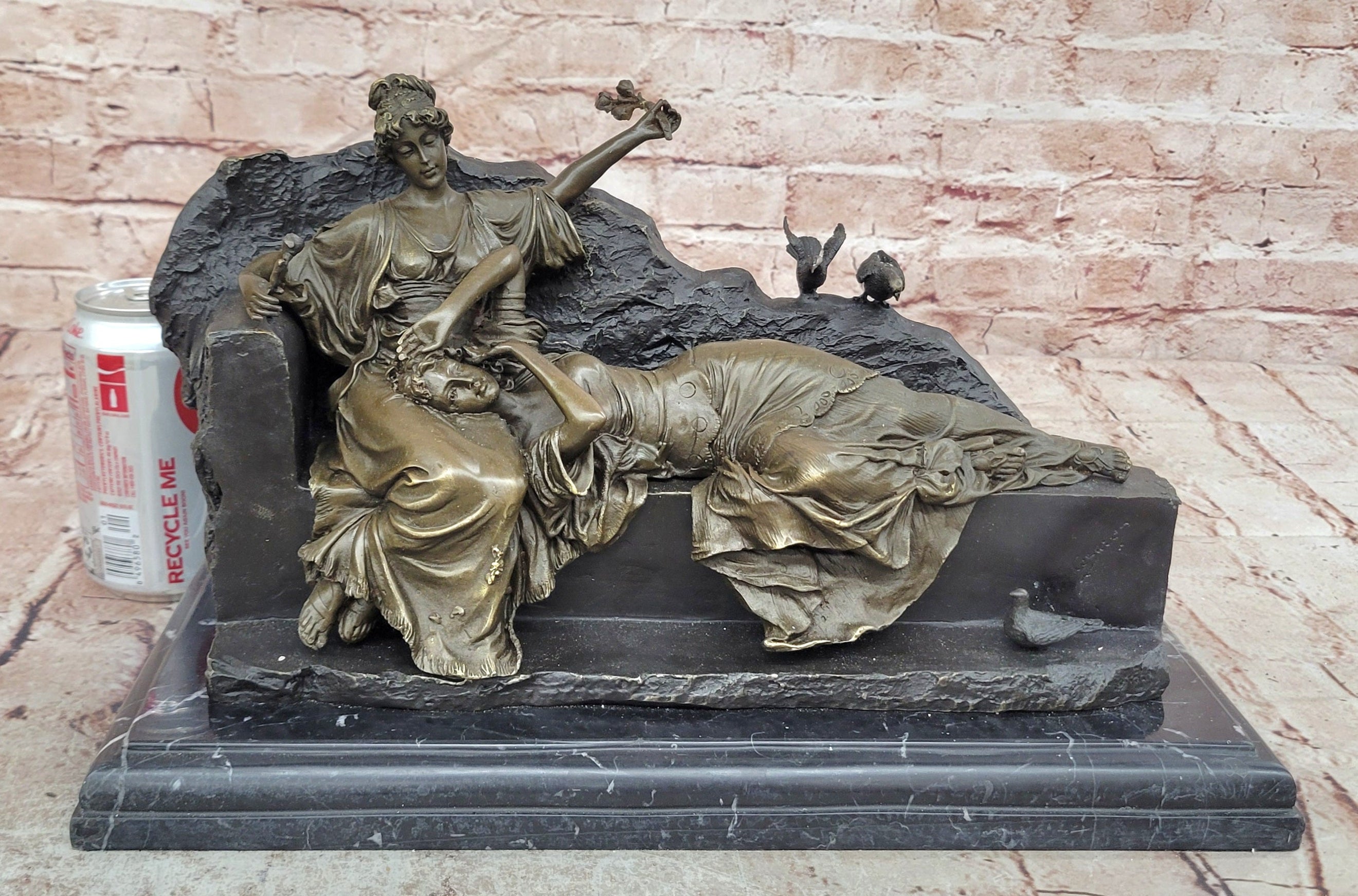 Romantic Two Reclining Girls Genuine Signed Bronze Sculpture Figurine Statue