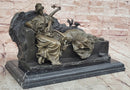 Romantic Two Reclining Girls Genuine Signed Bronze Sculpture Figurine Statue