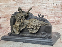 Romantic Two Reclining Girls Genuine Signed Bronze Sculpture Figurine Statue