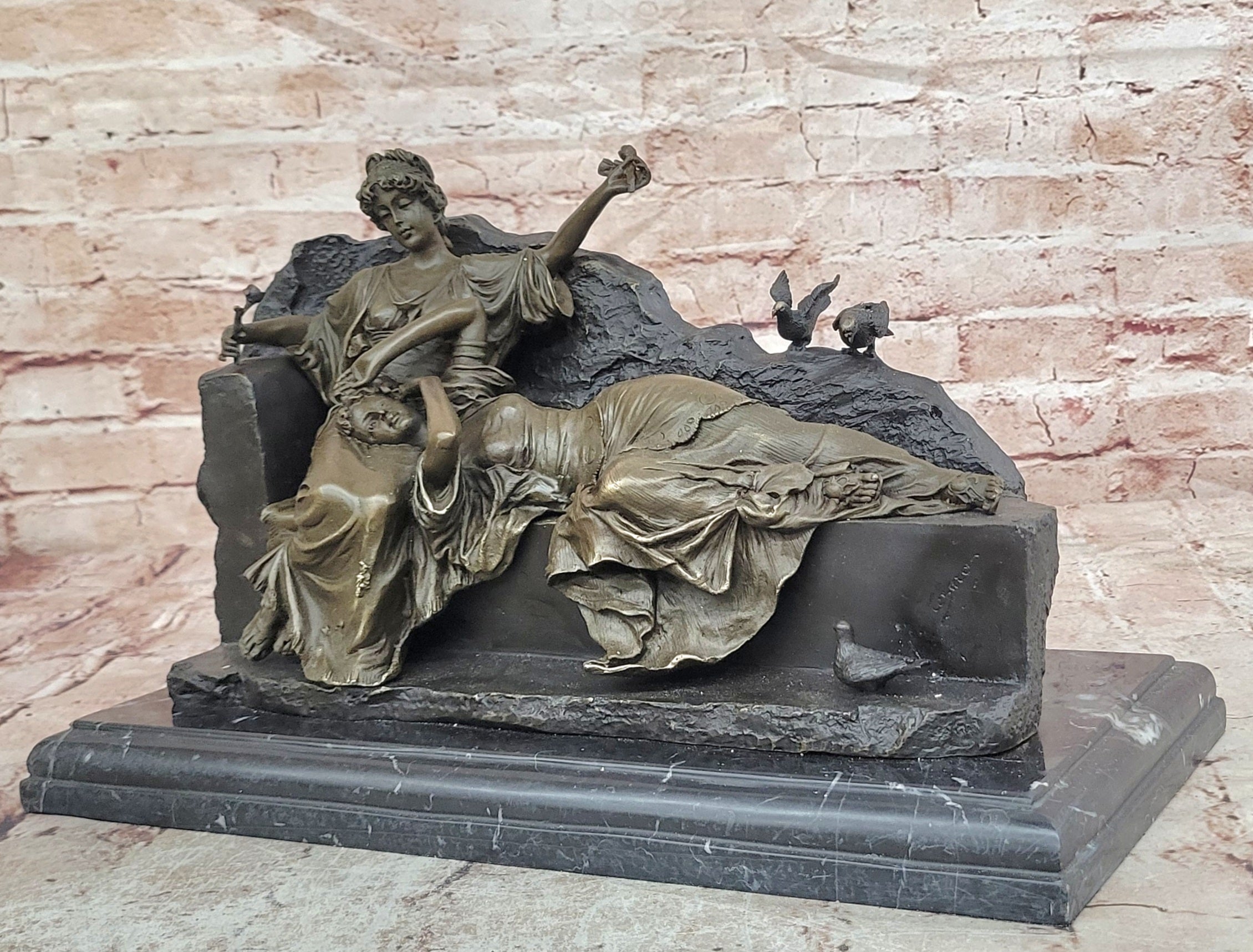 Romantic Two Reclining Girls Genuine Signed Bronze Sculpture Figurine Statue