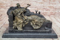 Romantic Two Reclining Girls Genuine Signed Bronze Sculpture Figurine Statue