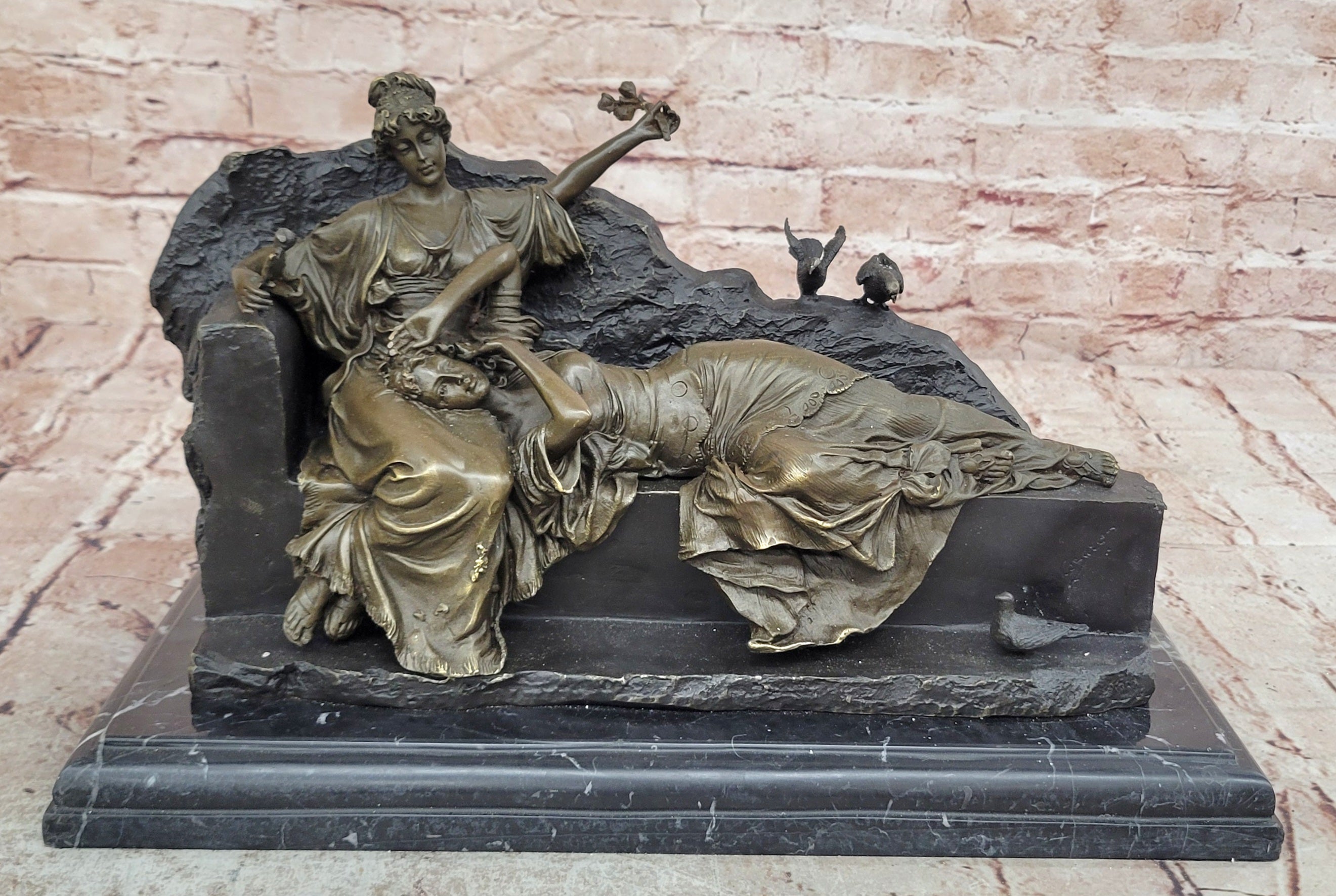 Romantic Two Reclining Girls Genuine Signed Bronze Sculpture Figurine Statue