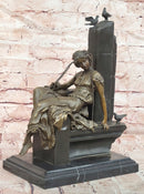 Hand Made Signed Cesaro Neoclassical Female with Pigeon Bronze Sculpture