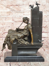 Hand Made Signed Cesaro Neoclassical Female with Pigeon Bronze Sculpture