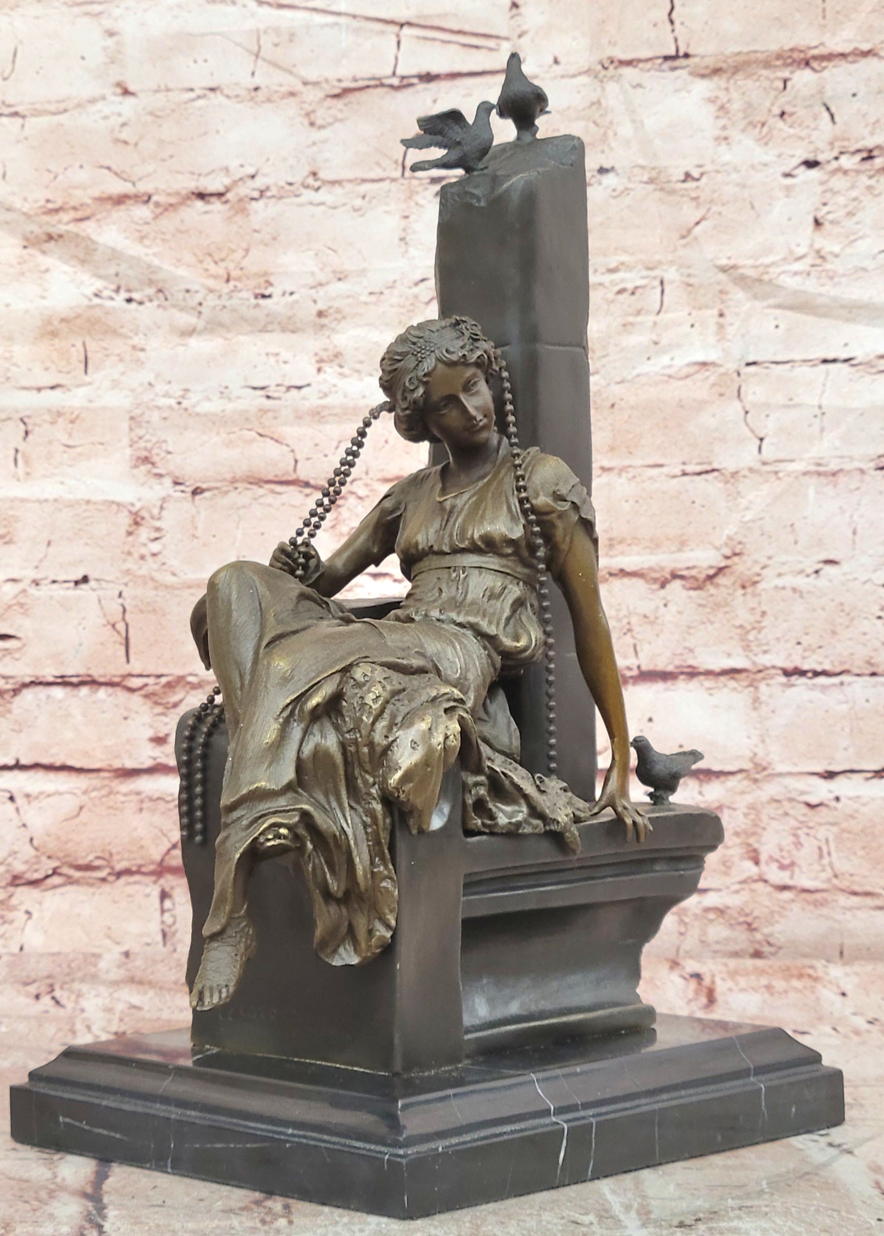 Hand Made Signed Cesaro Neoclassical Female with Pigeon Bronze Sculpture