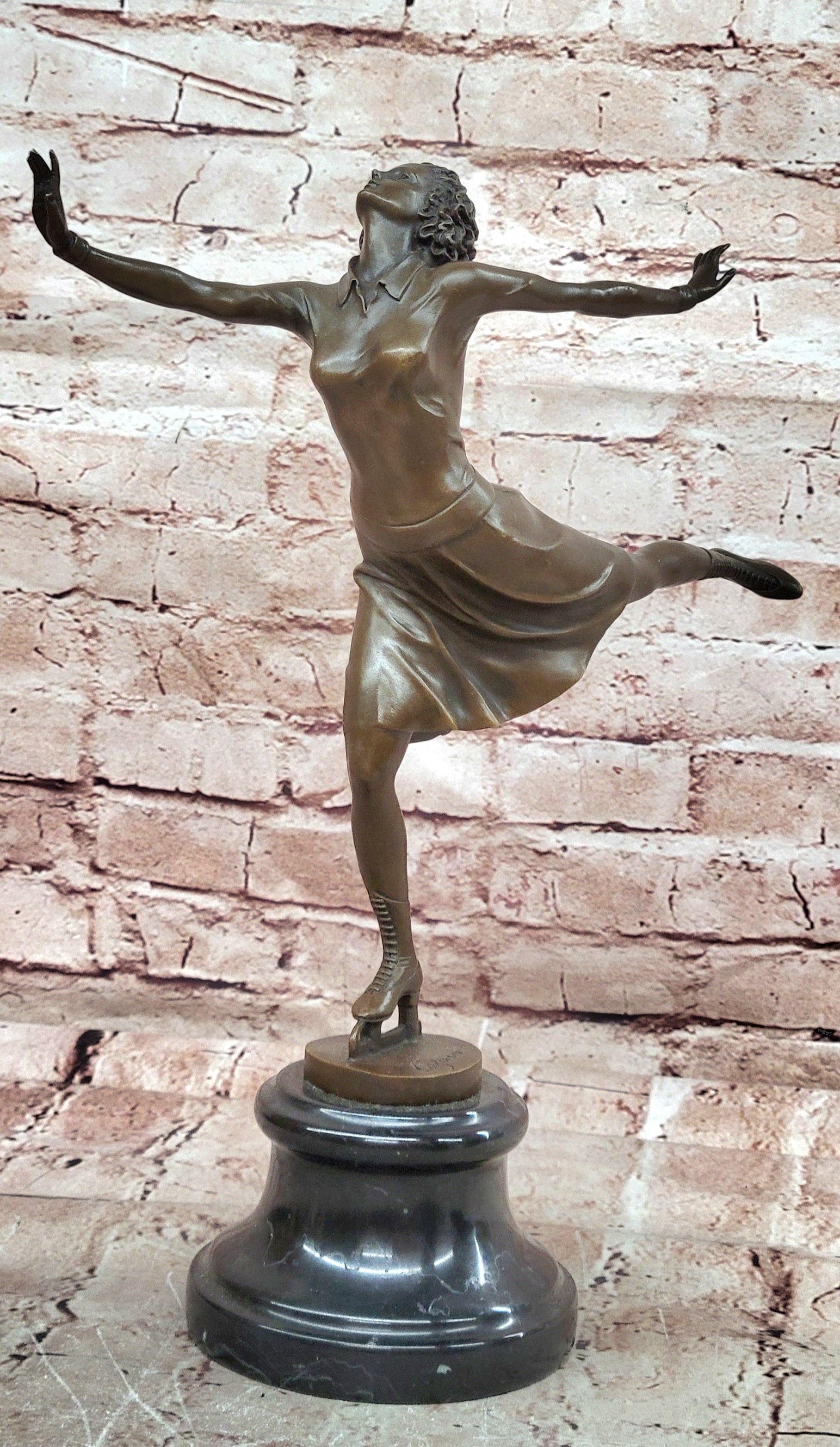 Signed Cesaro Skating Female Bronze Statue Sculpture Handmade Home Decor