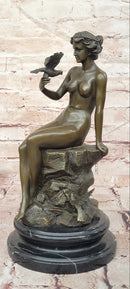 French Sitting Lady Female with Birds by Preiss Genuine Bronze Sculpture Statue