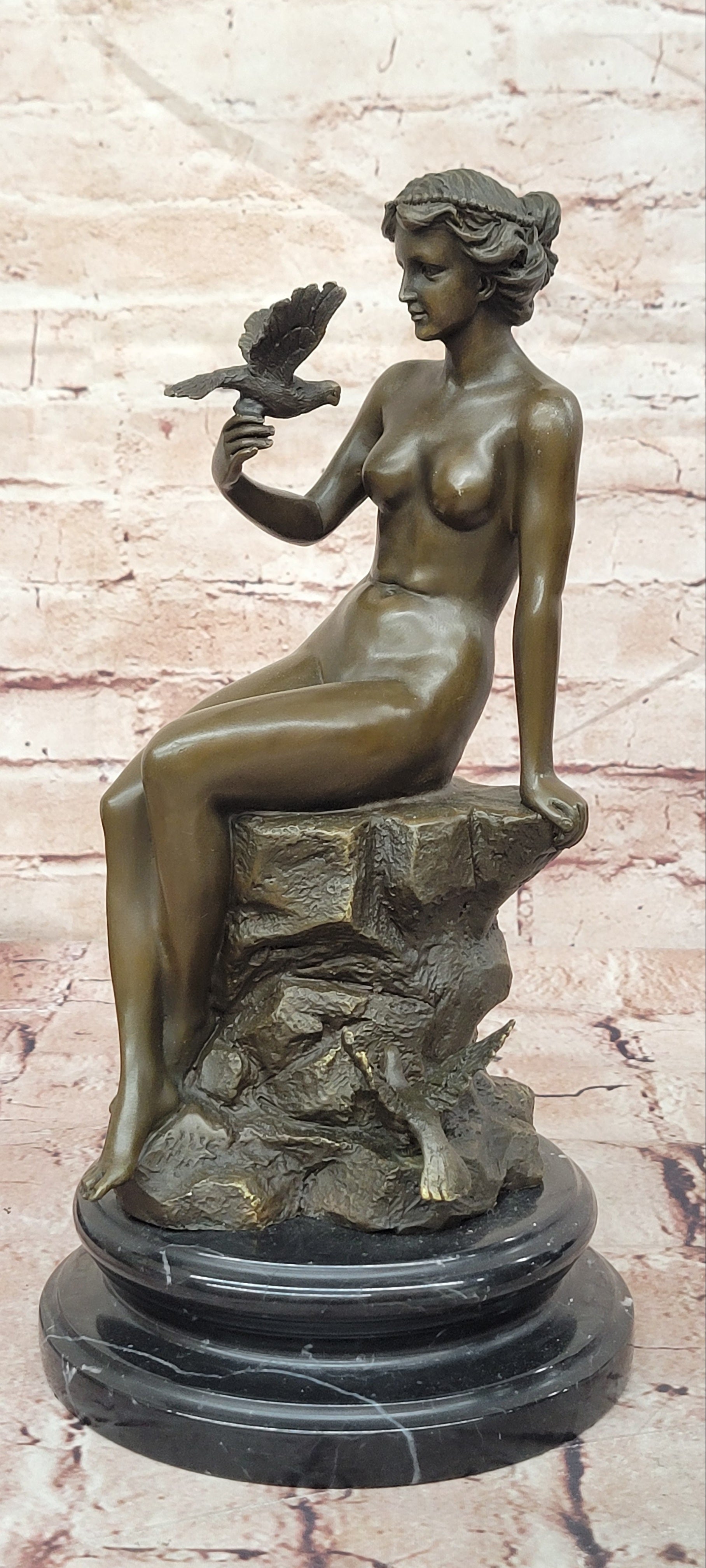 French Sitting Lady Female with Birds by Preiss Genuine Bronze Sculpture Statue