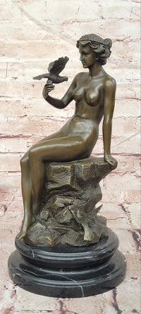 French Sitting Lady Female with Birds by Preiss Genuine Bronze Sculpture Statue